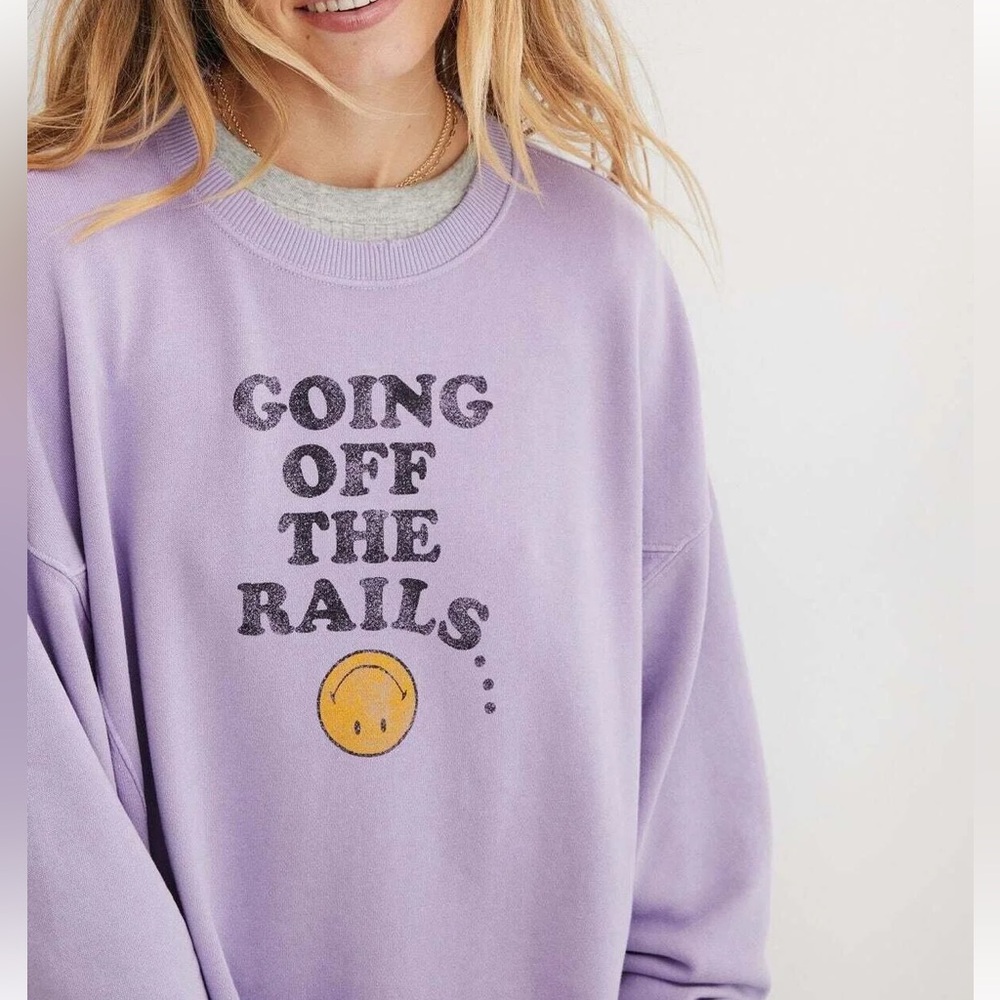 Aerie Off The Rails Purple Smiley Longline Casual Lounge Cotton Comfy Crewneck